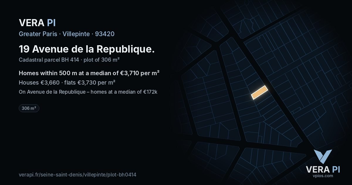 19 Avenue de la Republique, Villepinte at night – the plot lit, the parcels around coloured by the prices near them