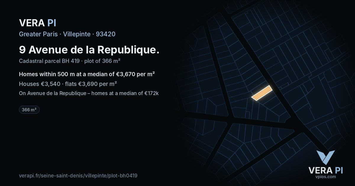 9 Avenue de la Republique, Villepinte at night – the plot lit, the parcels around coloured by the prices near them