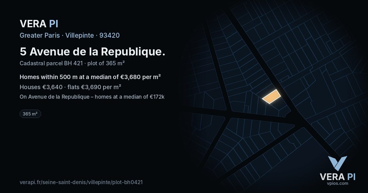 5 Avenue de la Republique, Villepinte at night – the plot lit, the parcels around coloured by the prices near them
