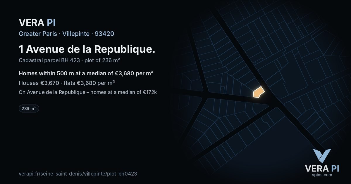 1 Avenue de la Republique, Villepinte at night – the plot lit, the parcels around coloured by the prices near them