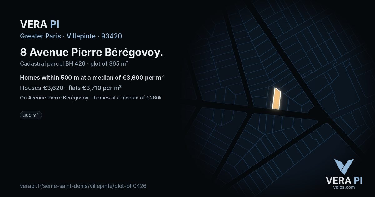 8 Avenue Pierre Bérégovoy, Villepinte at night – the plot lit, the parcels around coloured by the prices near them