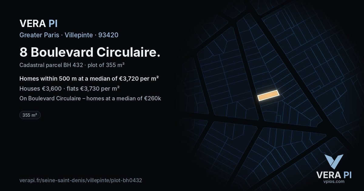 8 Boulevard Circulaire, Villepinte at night – the plot lit, the parcels around coloured by the prices near them