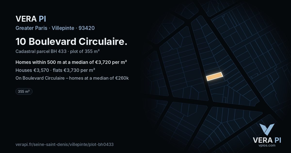 10 Boulevard Circulaire, Villepinte at night – the plot lit, the parcels around coloured by the prices near them