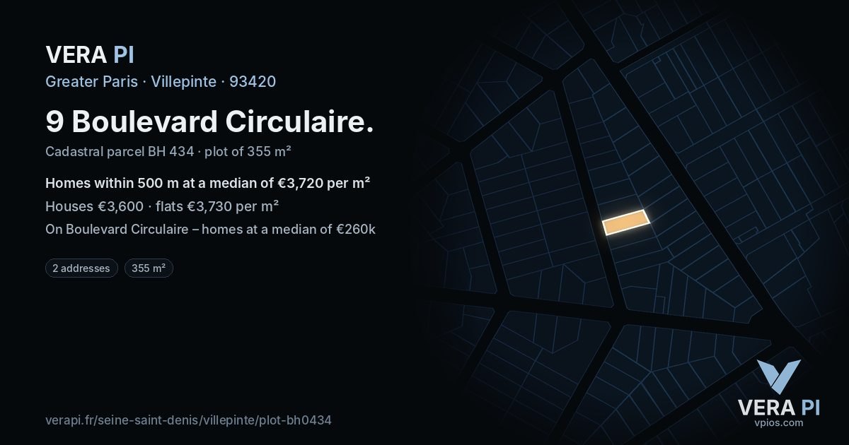 9 Boulevard Circulaire, Villepinte at night – the plot lit, the parcels around coloured by the prices near them