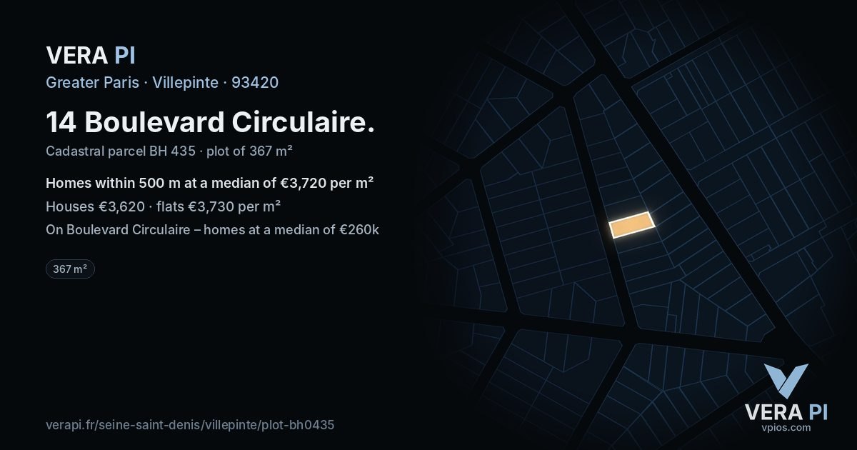 14 Boulevard Circulaire, Villepinte at night – the plot lit, the parcels around coloured by the prices near them