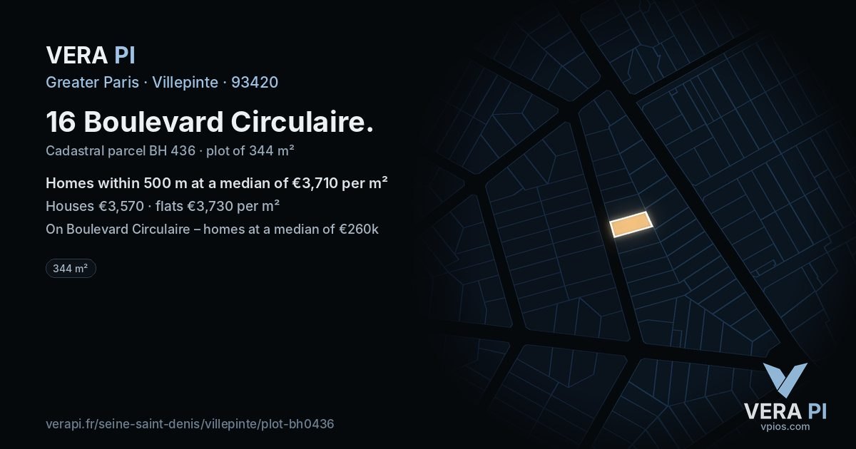 16 Boulevard Circulaire, Villepinte at night – the plot lit, the parcels around coloured by the prices near them
