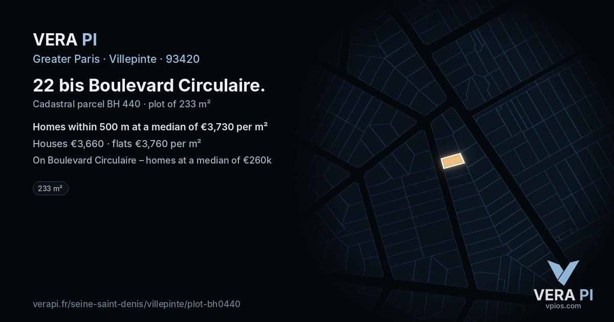 22 bis Boulevard Circulaire, Villepinte at night – the plot lit, the parcels around coloured by the prices near them