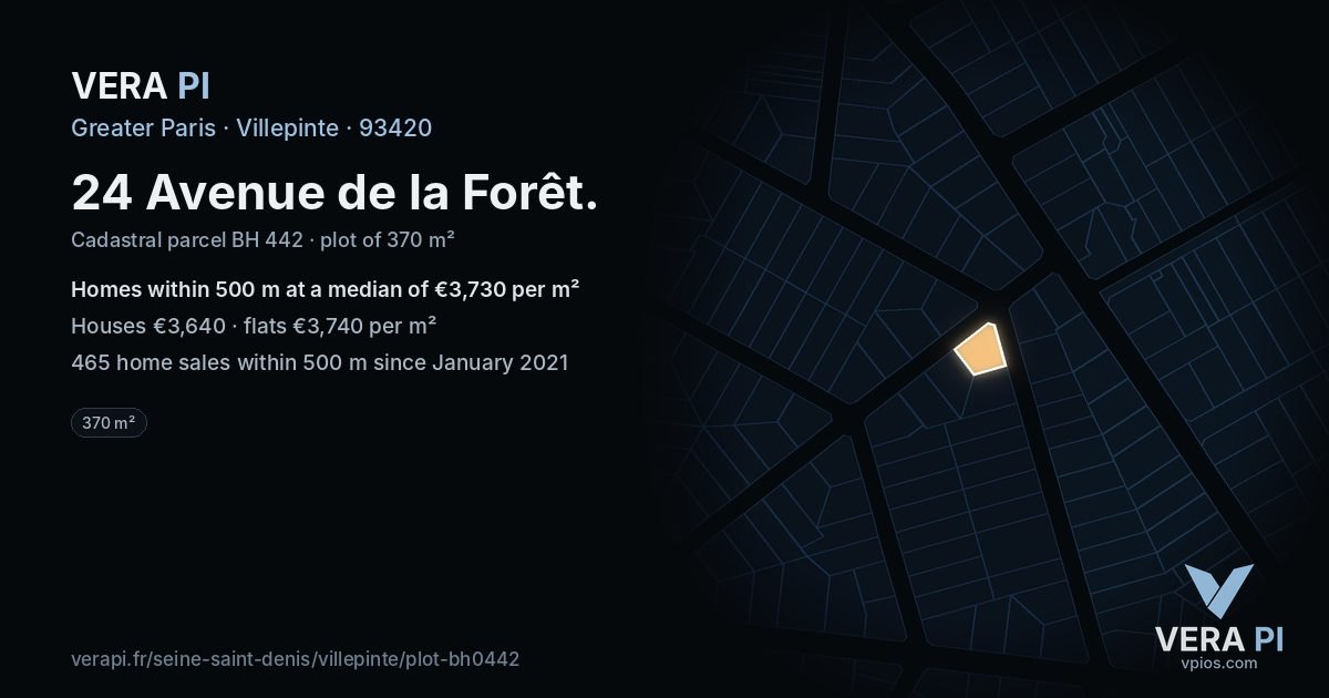 24 Avenue de la Forêt, Villepinte at night – the plot lit, the parcels around coloured by the prices near them