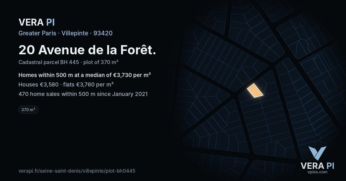 20 Avenue de la Forêt, Villepinte at night – the plot lit, the parcels around coloured by the prices near them