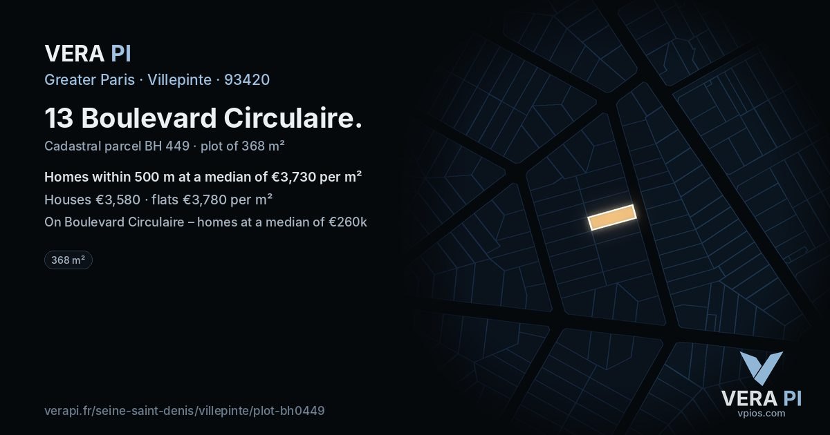 13 Boulevard Circulaire, Villepinte at night – the plot lit, the parcels around coloured by the prices near them