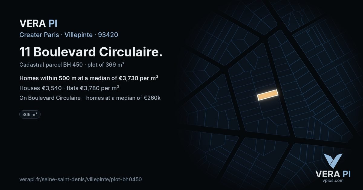 11 Boulevard Circulaire, Villepinte at night – the plot lit, the parcels around coloured by the prices near them