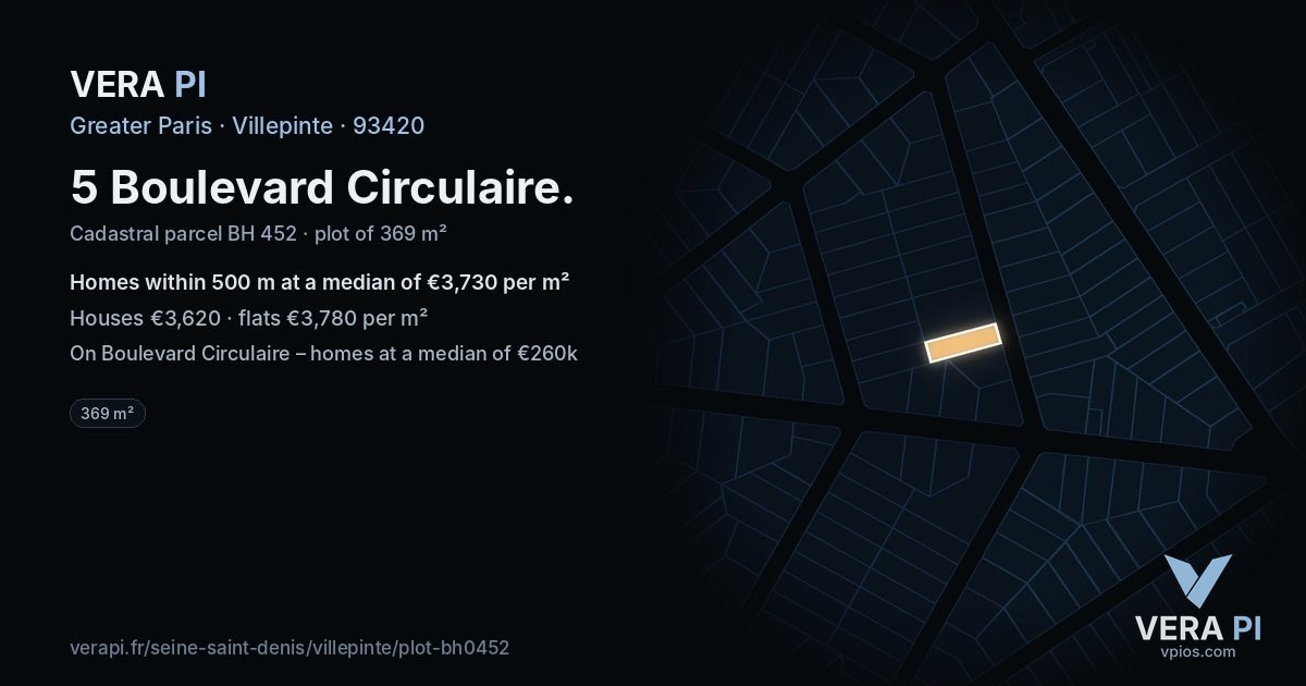 5 Boulevard Circulaire, Villepinte at night – the plot lit, the parcels around coloured by the prices near them