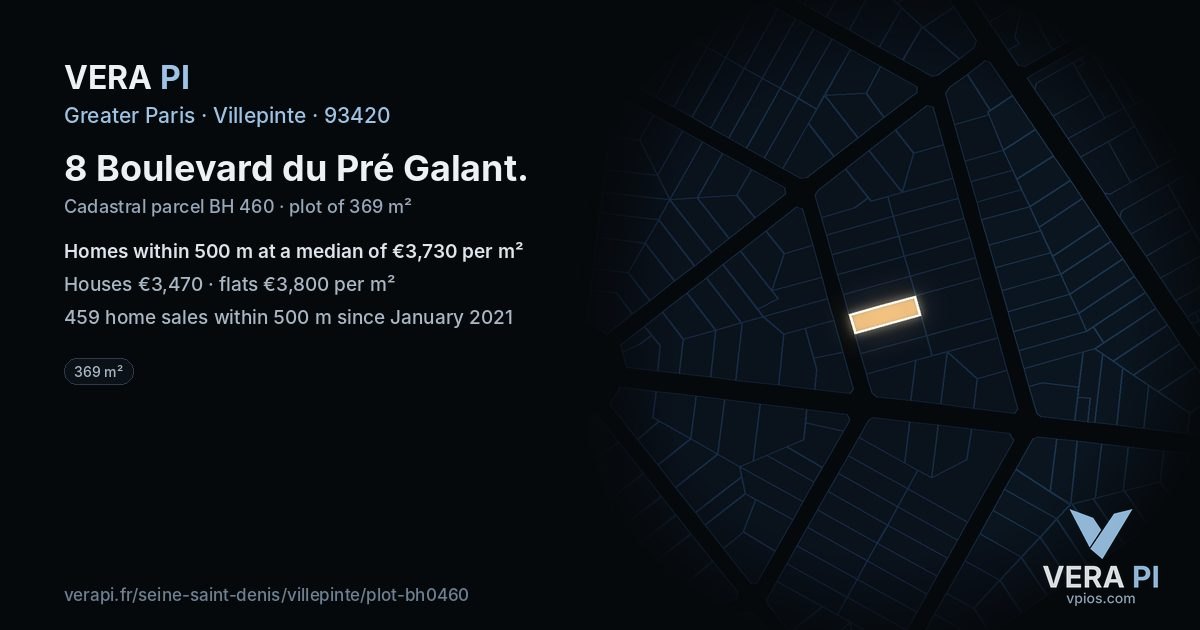 8 Boulevard du Pré Galant, Villepinte at night – the plot lit, the parcels around coloured by the prices near them