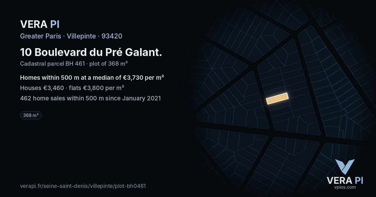 10 Boulevard du Pré Galant, Villepinte at night – the plot lit, the parcels around coloured by the prices near them