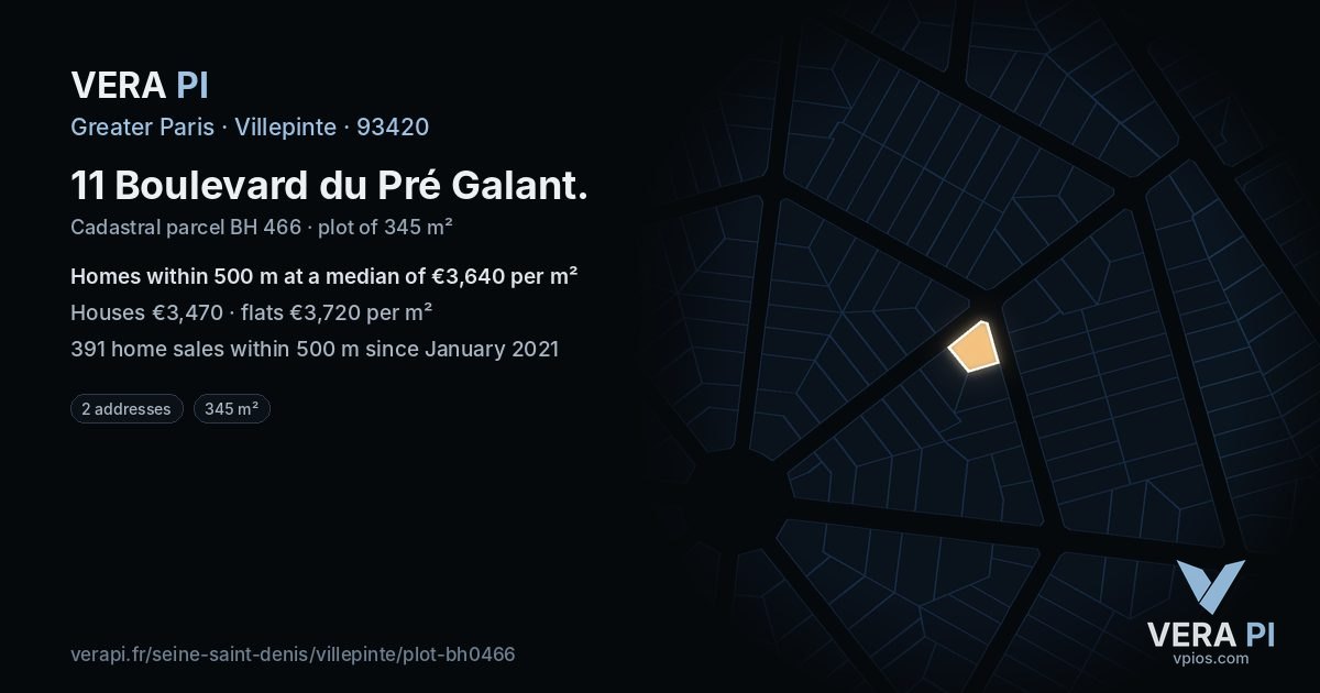 11 Boulevard du Pré Galant, Villepinte at night – the plot lit, the parcels around coloured by the prices near them