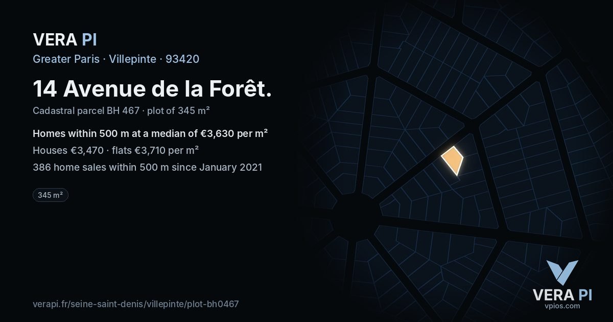 14 Avenue de la Forêt, Villepinte at night – the plot lit, the parcels around coloured by the prices near them