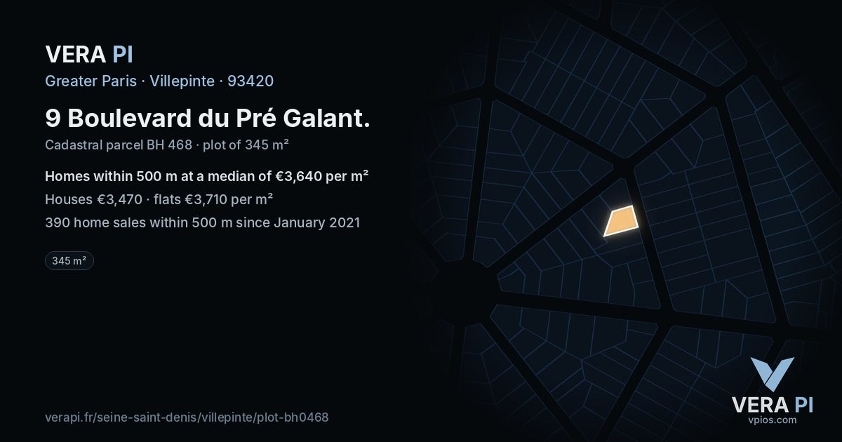 9 Boulevard du Pré Galant, Villepinte at night – the plot lit, the parcels around coloured by the prices near them