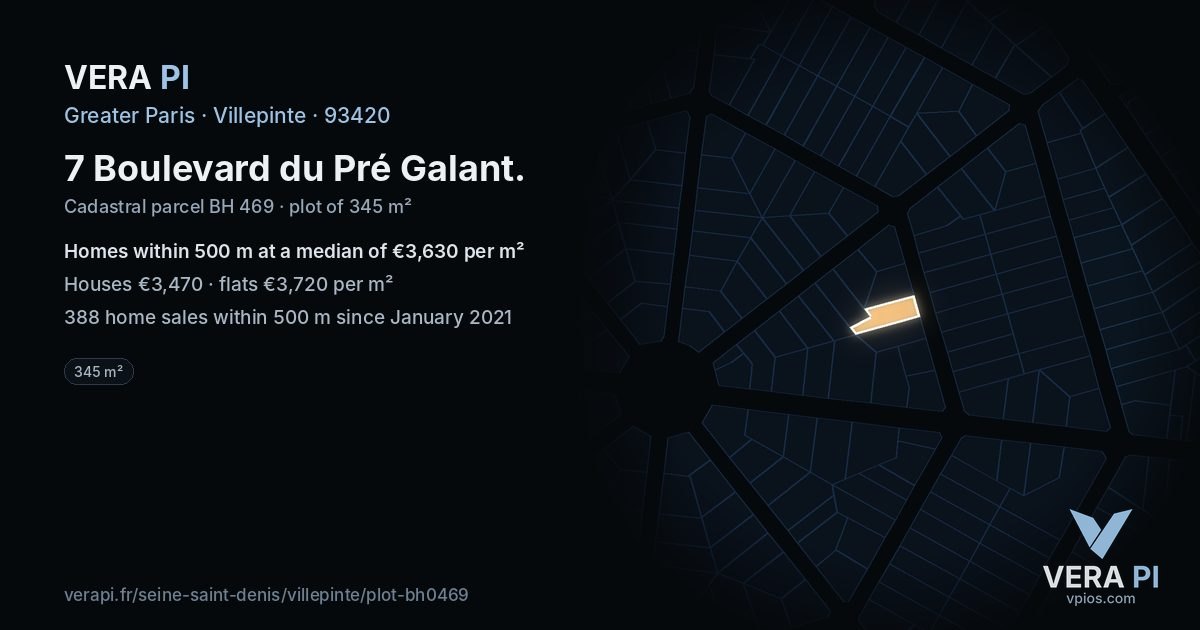 7 Boulevard du Pré Galant, Villepinte at night – the plot lit, the parcels around coloured by the prices near them