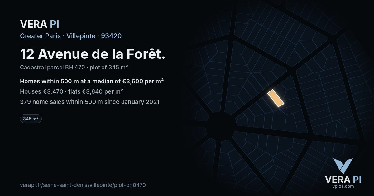 12 Avenue de la Forêt, Villepinte at night – the plot lit, the parcels around coloured by the prices near them