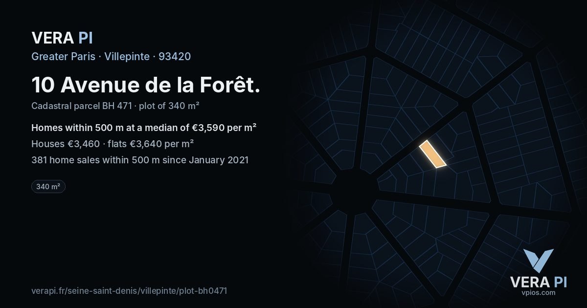 10 Avenue de la Forêt, Villepinte at night – the plot lit, the parcels around coloured by the prices near them