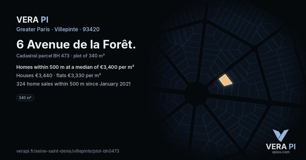 6 Avenue de la Forêt, Villepinte at night – the plot lit, the parcels around coloured by the prices near them
