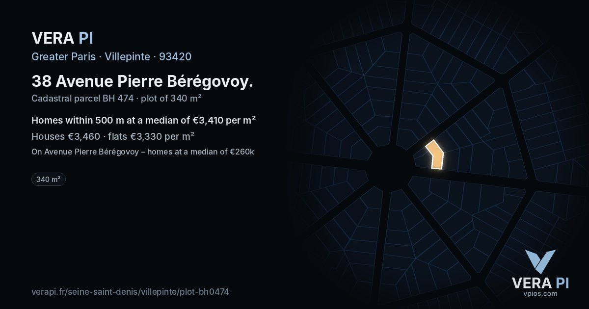 38 Avenue Pierre Bérégovoy, Villepinte at night – the plot lit, the parcels around coloured by the prices near them