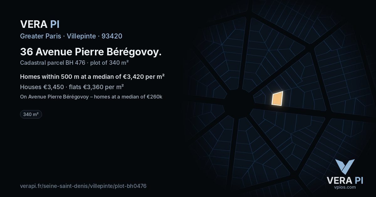 36 Avenue Pierre Bérégovoy, Villepinte at night – the plot lit, the parcels around coloured by the prices near them