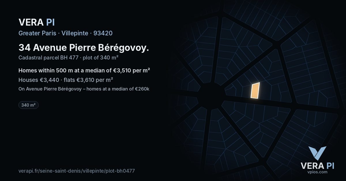 34 Avenue Pierre Bérégovoy, Villepinte at night – the plot lit, the parcels around coloured by the prices near them