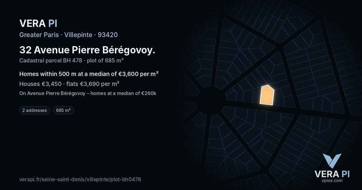 32 Avenue Pierre Bérégovoy, Villepinte at night – the plot lit, the parcels around coloured by the prices near them