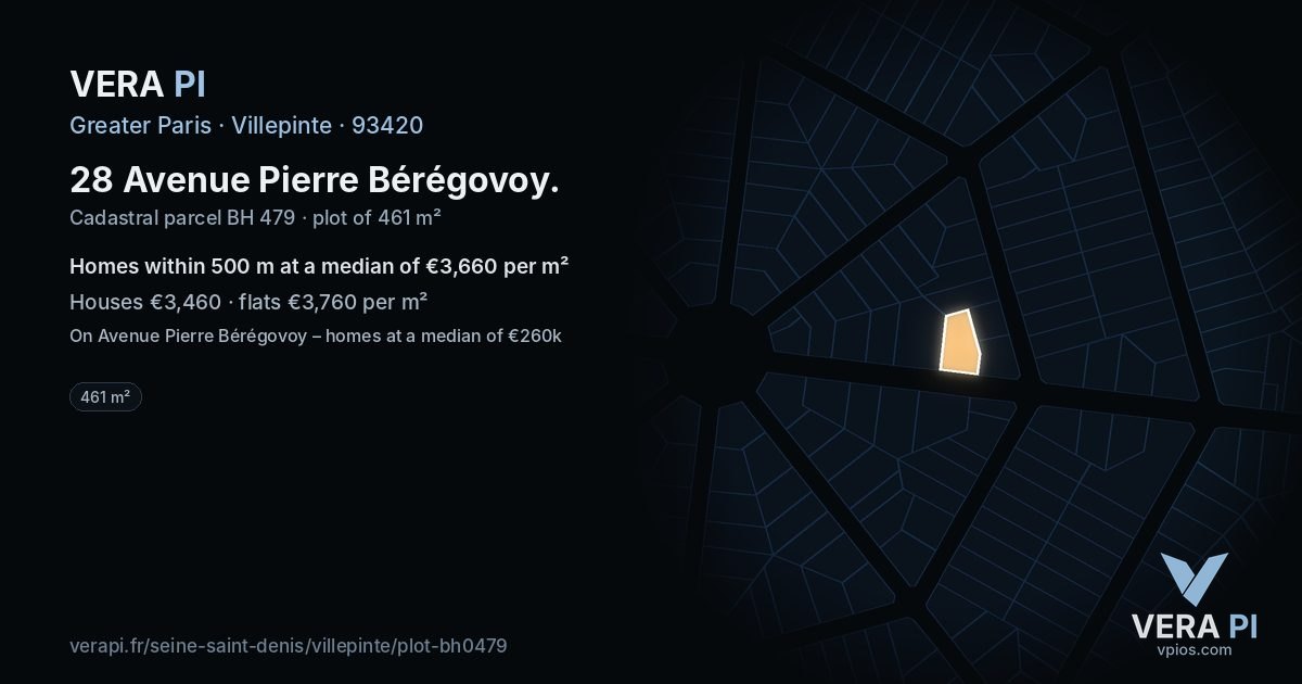 28 Avenue Pierre Bérégovoy, Villepinte at night – the plot lit, the parcels around coloured by the prices near them
