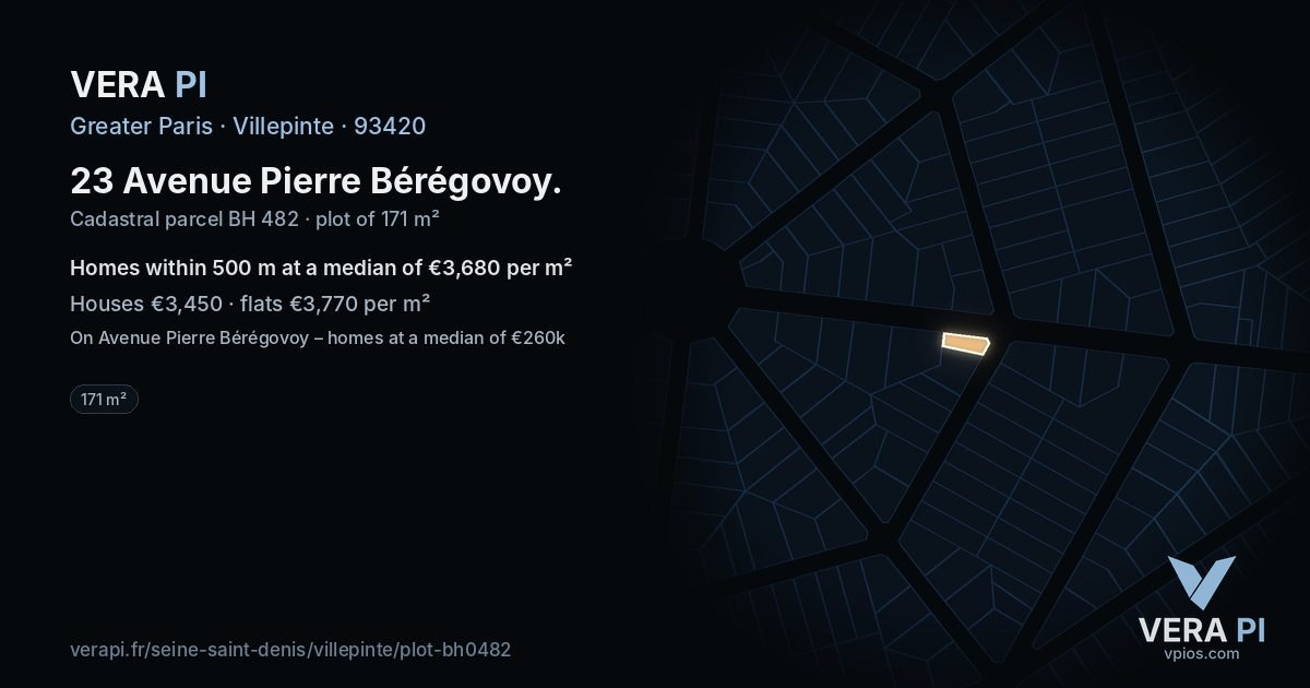 23 Avenue Pierre Bérégovoy, Villepinte at night – the plot lit, the parcels around coloured by the prices near them