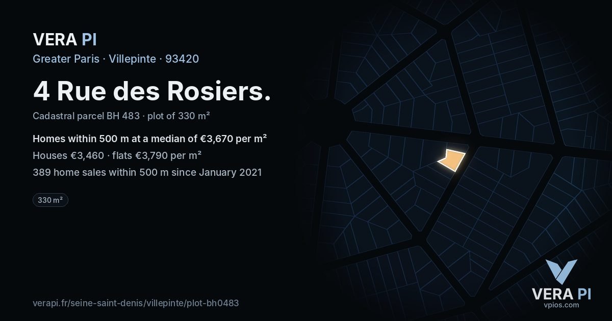 4 Rue des Rosiers, Villepinte at night – the plot lit, the parcels around coloured by the prices near them