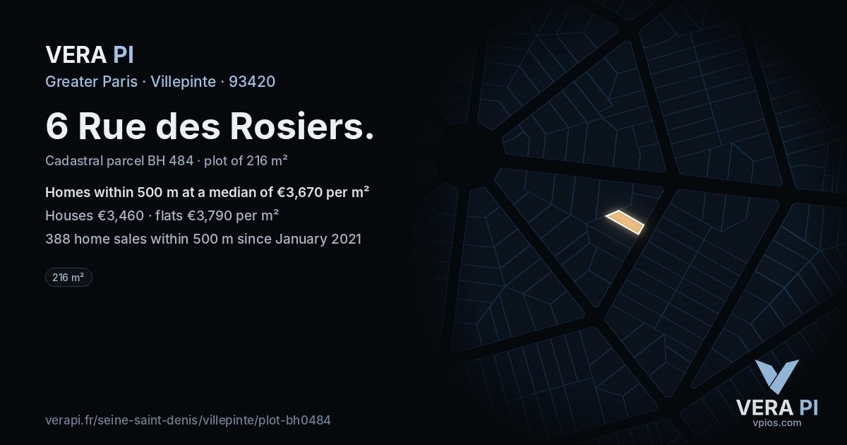 6 Rue des Rosiers, Villepinte at night – the plot lit, the parcels around coloured by the prices near them