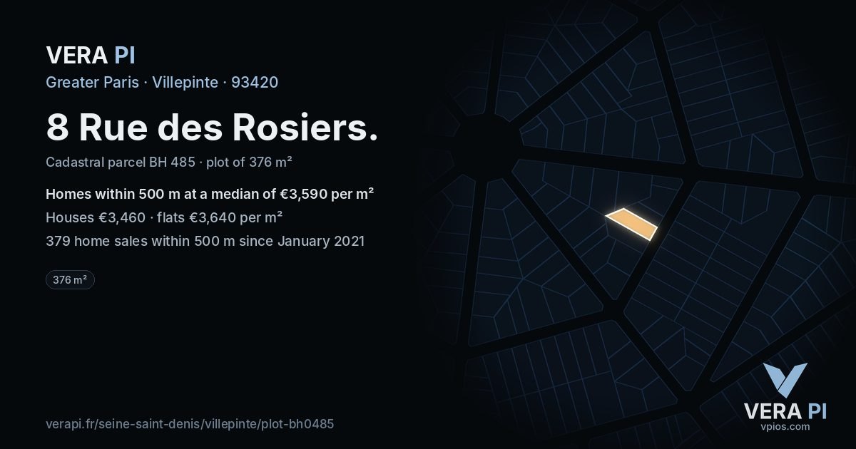 8 Rue des Rosiers, Villepinte at night – the plot lit, the parcels around coloured by the prices near them