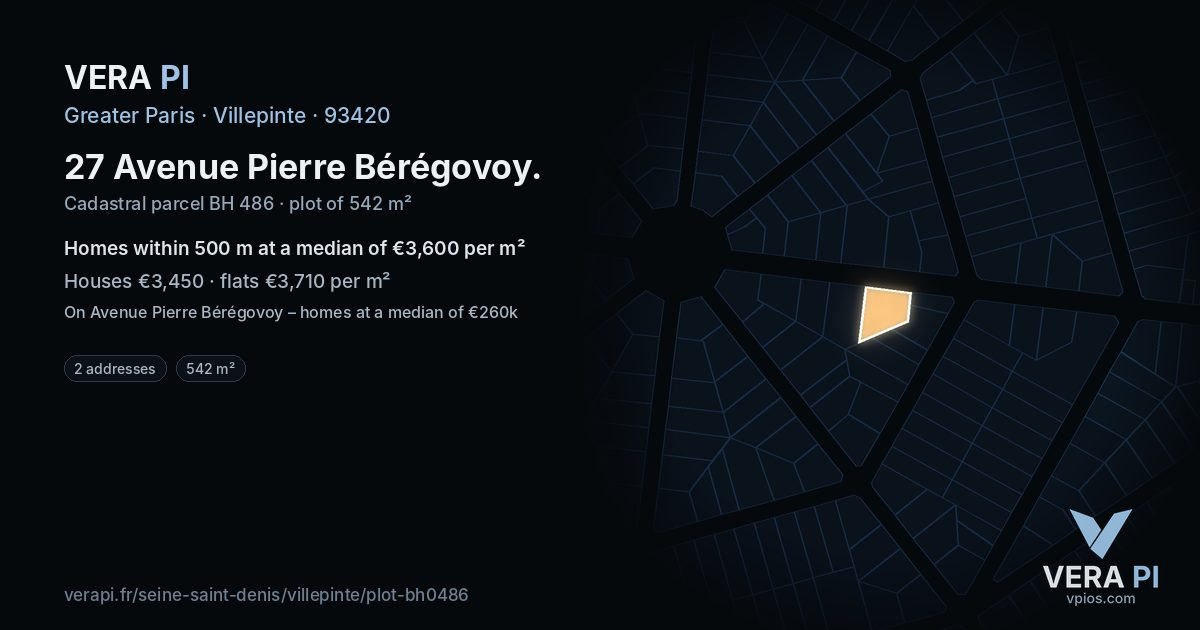 27 Avenue Pierre Bérégovoy, Villepinte at night – the plot lit, the parcels around coloured by the prices near them