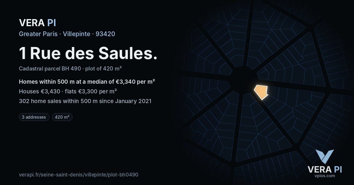 1 Rue des Saules, Villepinte at night – the plot lit, the parcels around coloured by the prices near them