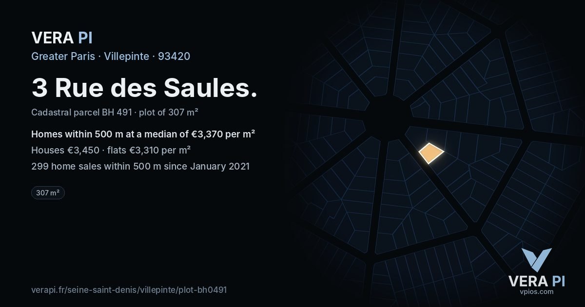 3 Rue des Saules, Villepinte at night – the plot lit, the parcels around coloured by the prices near them