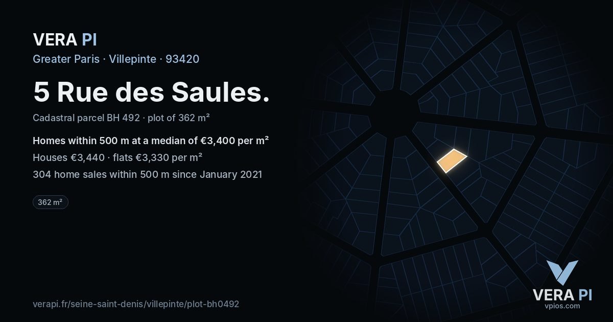 5 Rue des Saules, Villepinte at night – the plot lit, the parcels around coloured by the prices near them