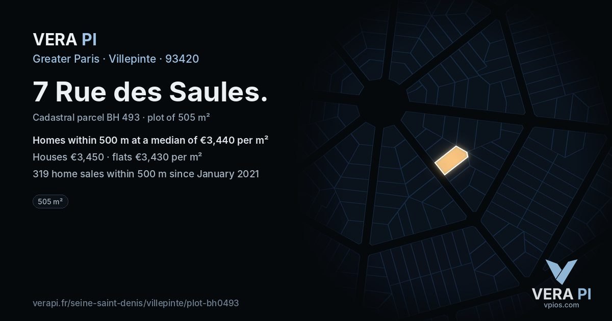 7 Rue des Saules, Villepinte at night – the plot lit, the parcels around coloured by the prices near them