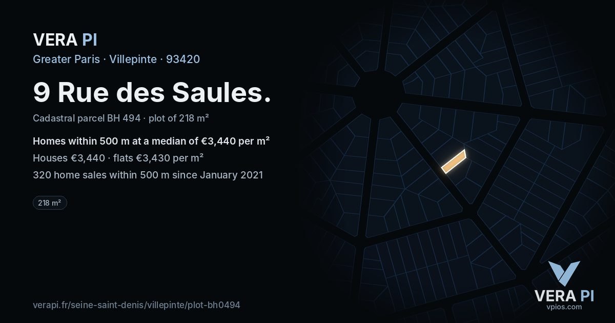 9 Rue des Saules, Villepinte at night – the plot lit, the parcels around coloured by the prices near them