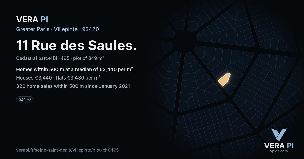 11 Rue des Saules, Villepinte at night – the plot lit, the parcels around coloured by the prices near them