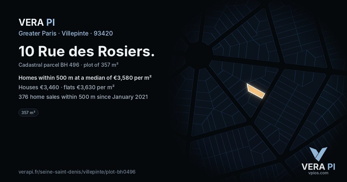 10 Rue des Rosiers, Villepinte at night – the plot lit, the parcels around coloured by the prices near them