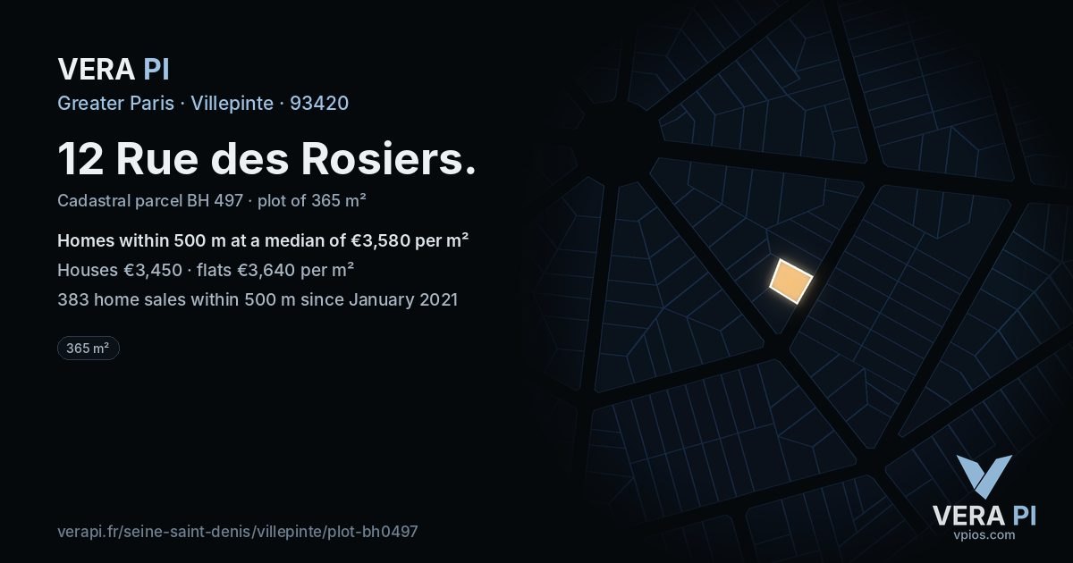 12 Rue des Rosiers, Villepinte at night – the plot lit, the parcels around coloured by the prices near them