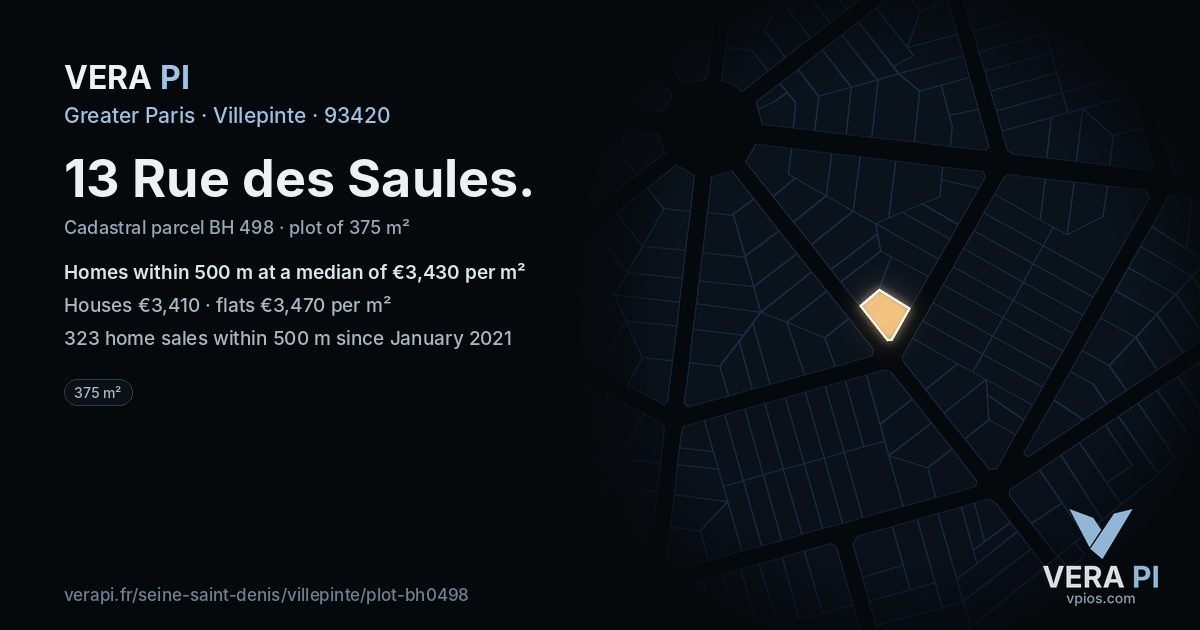 13 Rue des Saules, Villepinte at night – the plot lit, the parcels around coloured by the prices near them