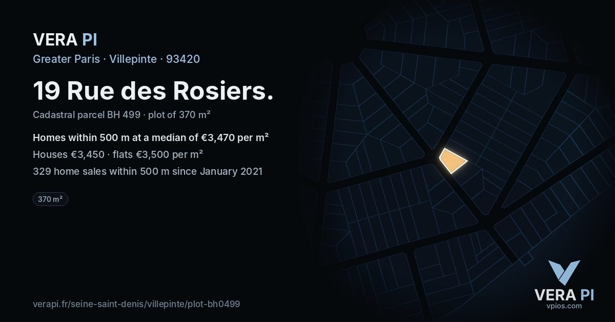 19 Rue des Rosiers, Villepinte at night – the plot lit, the parcels around coloured by the prices near them