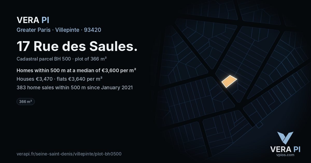17 Rue des Saules, Villepinte at night – the plot lit, the parcels around coloured by the prices near them