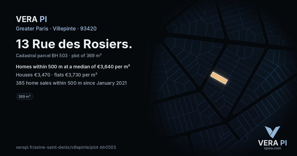 13 Rue des Rosiers, Villepinte at night – the plot lit, the parcels around coloured by the prices near them