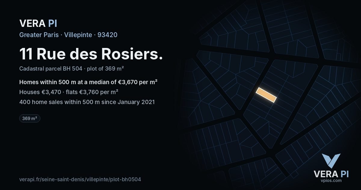 11 Rue des Rosiers, Villepinte at night – the plot lit, the parcels around coloured by the prices near them