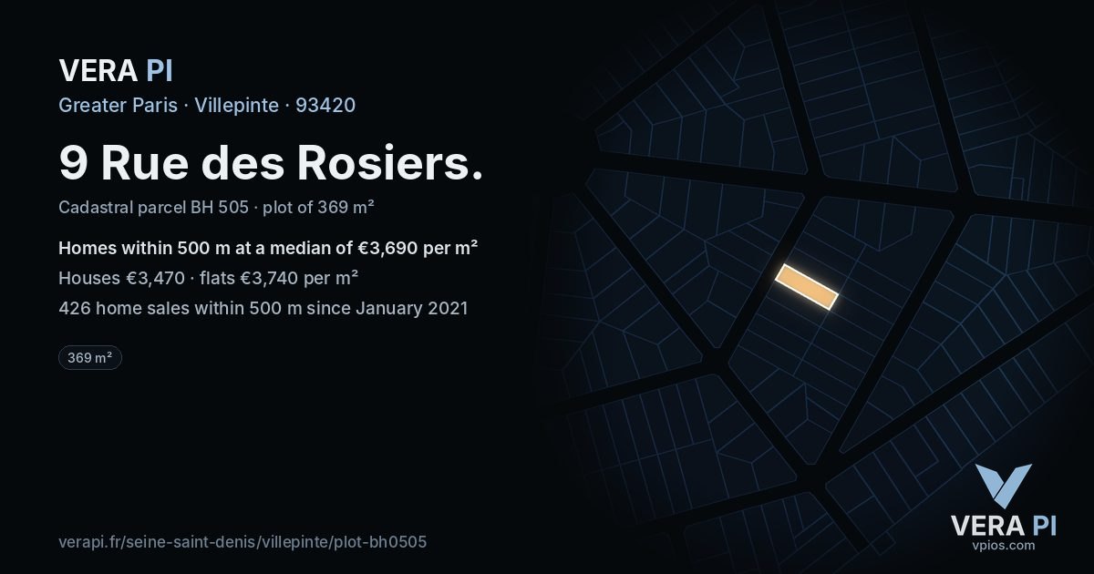 9 Rue des Rosiers, Villepinte at night – the plot lit, the parcels around coloured by the prices near them