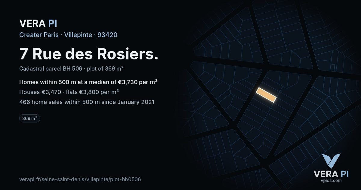7 Rue des Rosiers, Villepinte at night – the plot lit, the parcels around coloured by the prices near them